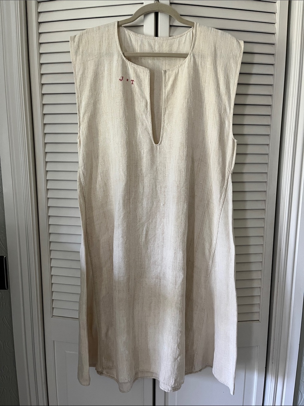 Vintage European Monogrammed Apron with Notch Neck
